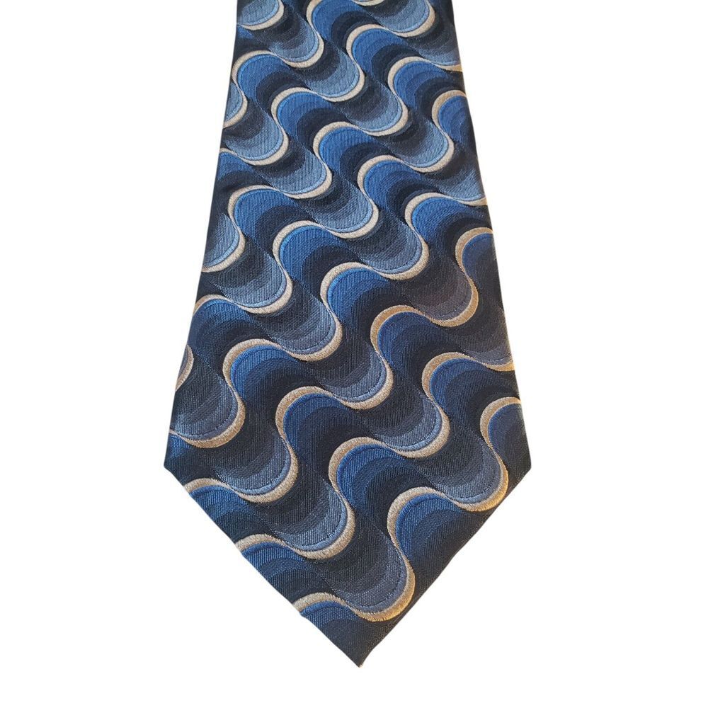 Van Heusen Mens Tie Necktie Designer Blue Gray Wavy Lines Ocean Psychedelic 70's